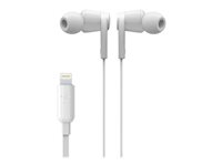 Belkin ROCKSTAR - Ørepropper med mikrofon - i øret - kablet - Lightning - lydisolerende - hvit - for Apple 10.5-inch iPad Pro; iPad mini 4; iPhone 7, 7 Plus, 8, 8 Plus, X, XR, XS, XS Max G3H0001BTWHT