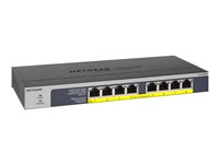 NETGEAR GS108LP - Switch - 8 x 10/100/1000 (PoE+) - stasjonær, rackmonterbar, veggmonterbar - PoE+ (60 W) - DC-strøm GS108LP-100EUS