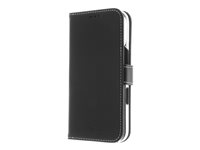 Insmat Exclusive - Lommebok for mobiltelefon - ekte skinn, kartong+papir+aluminiumsfolie, polykarbonat (PC), bomullssting - svart - for Apple iPhone 16 Plus 650-3279