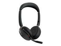 Jabra Evolve2 65 Flex UC Stereo - Hodesett - on-ear - Bluetooth - trådløs - aktiv støydemping - USB-A - svart - med trådløs ladepute - Optimert for UC 26699-989-989